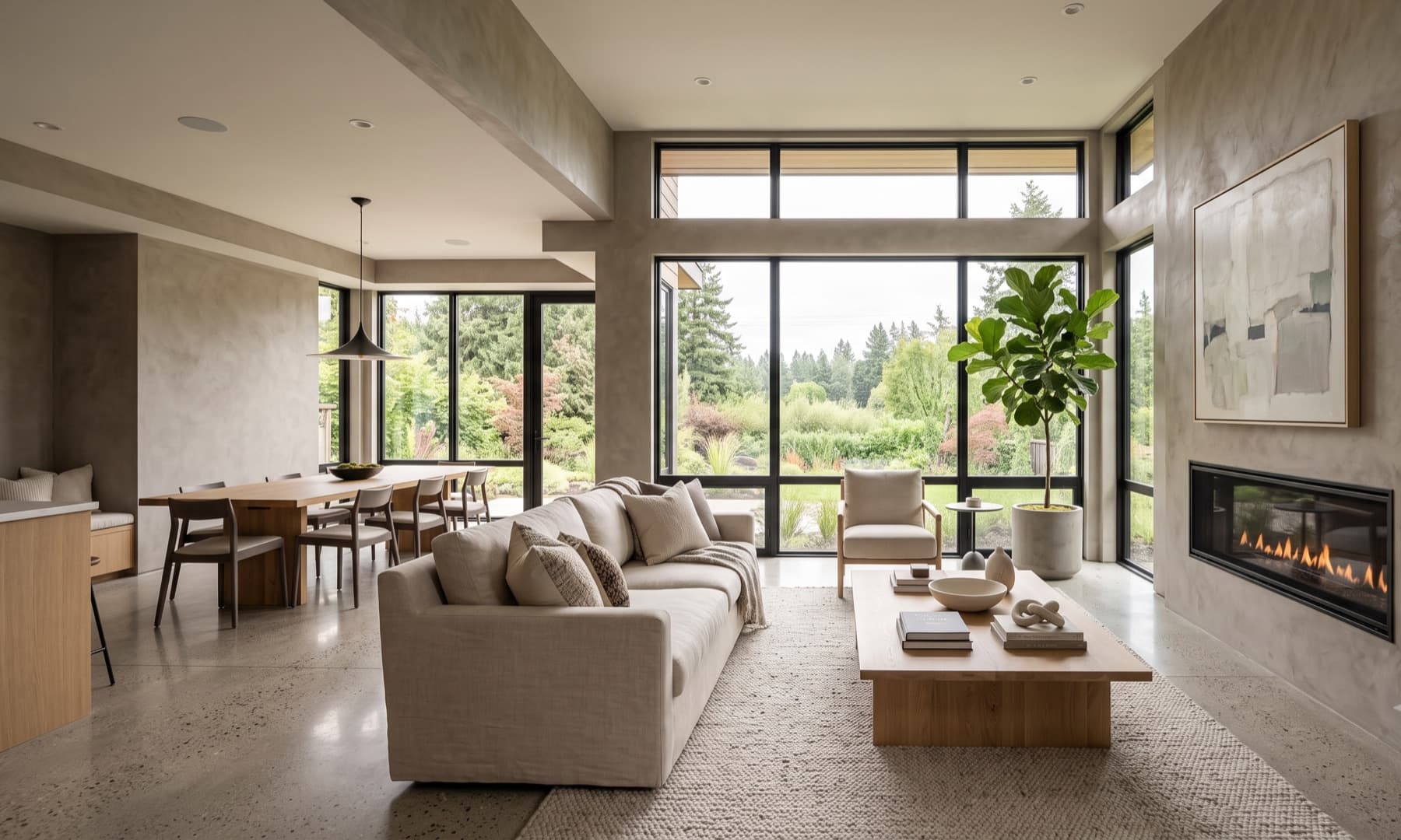 Roman clay living and dining room in warm taupe with floor-to-ceiling glazing