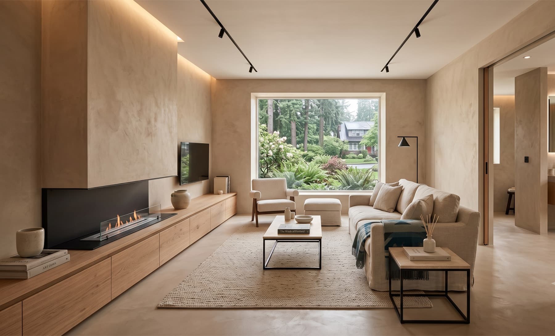 Warm lime plaster living room with a linear fireplace and a garden view
