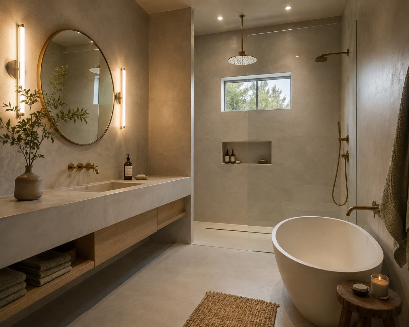 Microcement bathroom with a walk-in shower and freestanding bath