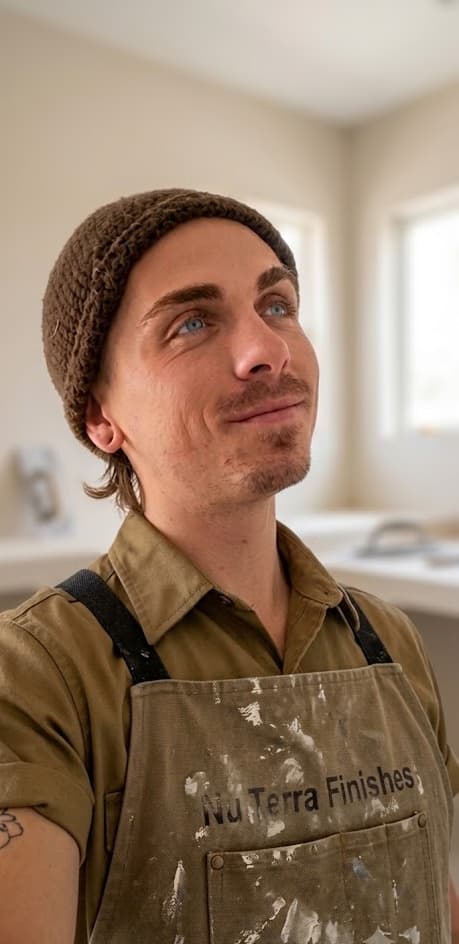 Ryan of Nu Terra on site, in a plaster-marked Nu Terra Finishes apron