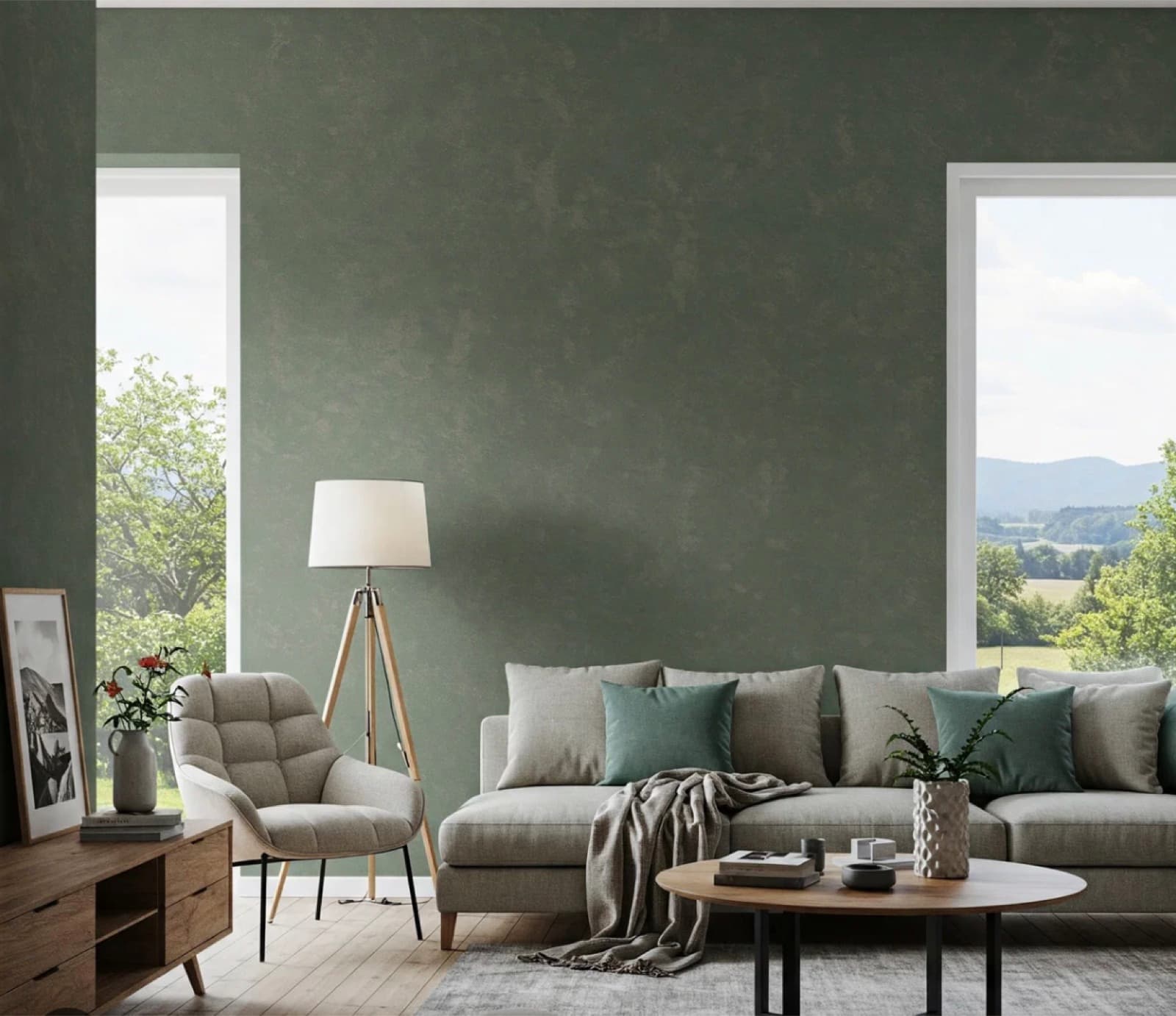 Sage green painted living room wall with soft, cloudy texture behind a gray sofa