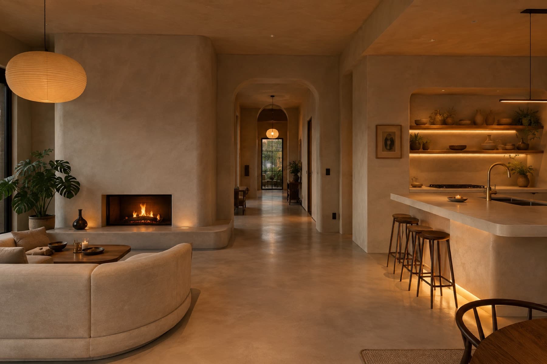Hand-applied plaster surface in warm daylight